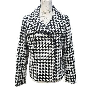 Talbots‎ Petites Wool Blend Houndstooth Asymmetrical Zip Jacket Black Ivory 12P